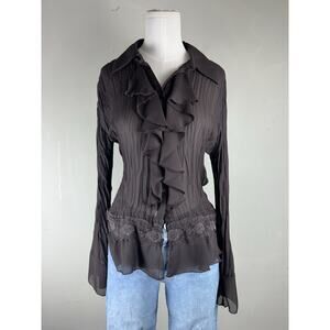Brown Crinkled Chiffon Blouse Ruffle WhimsiGoth Forest Fairy Medium Sheer Lace